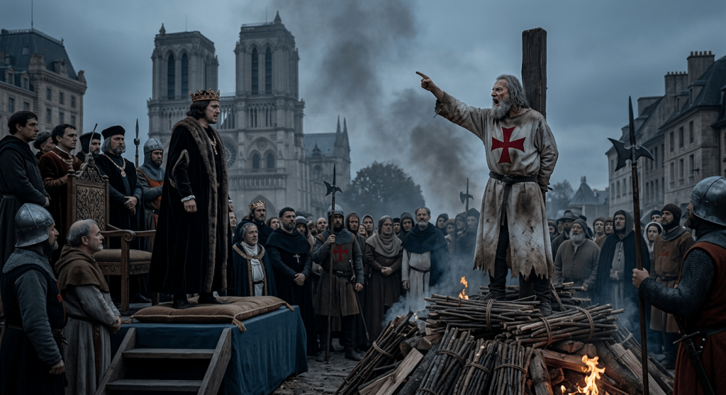Medieval man standing on burning pyre, pointing, surrounded by armed guards, king, and crowd with gothic cathedral in background